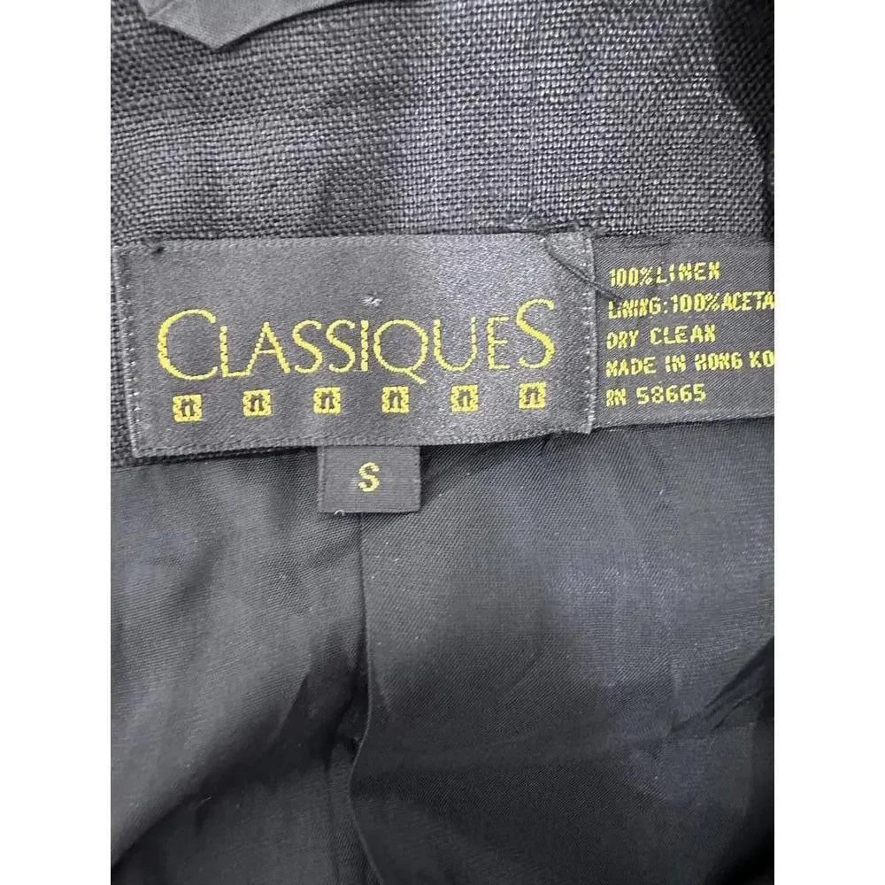 VTG 80s Linen Crest Blazer Sz S Black Gold Preppy Classic Power Jacket - Picture 4 of 5
